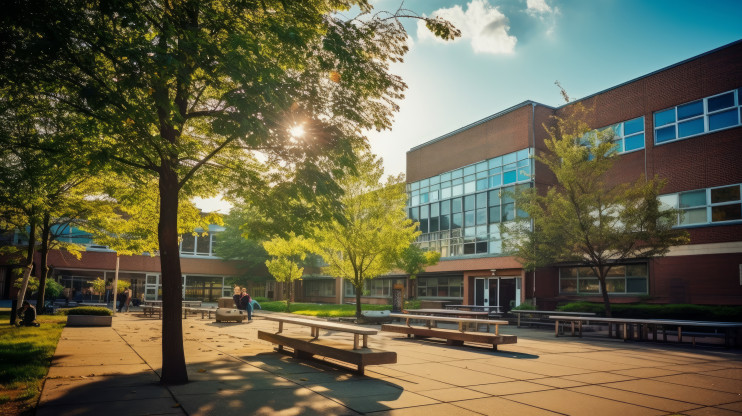 school courtyard with trees and benches