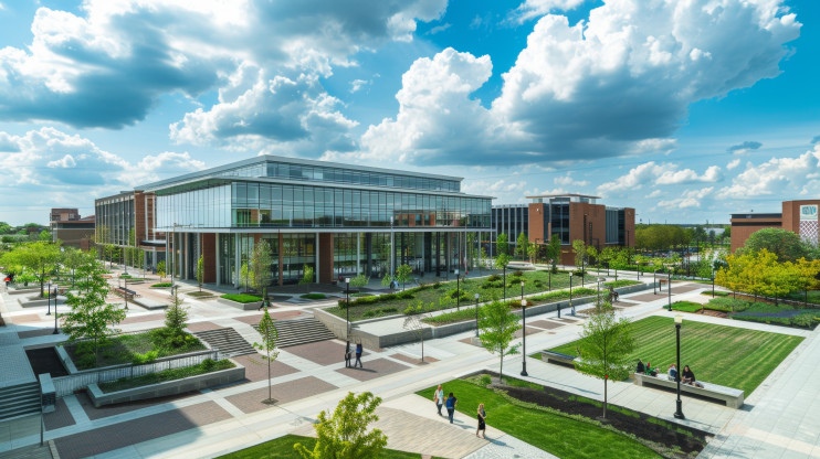 building with large campus sidewalks